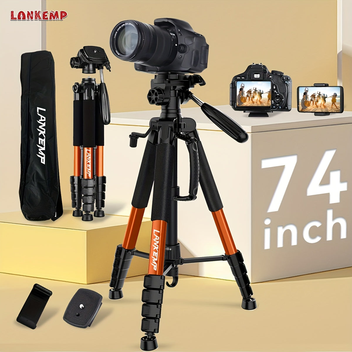 [LANKEMP Heavy-duty Tripod] LANKEMP 74-inch Heavy-duty Aluminum Tripod with Dual Quick Release Plate, Phone Clip, Carrying Bag for DSLR Cameras, Cell Phones, Projectors, Scopes, Webcams