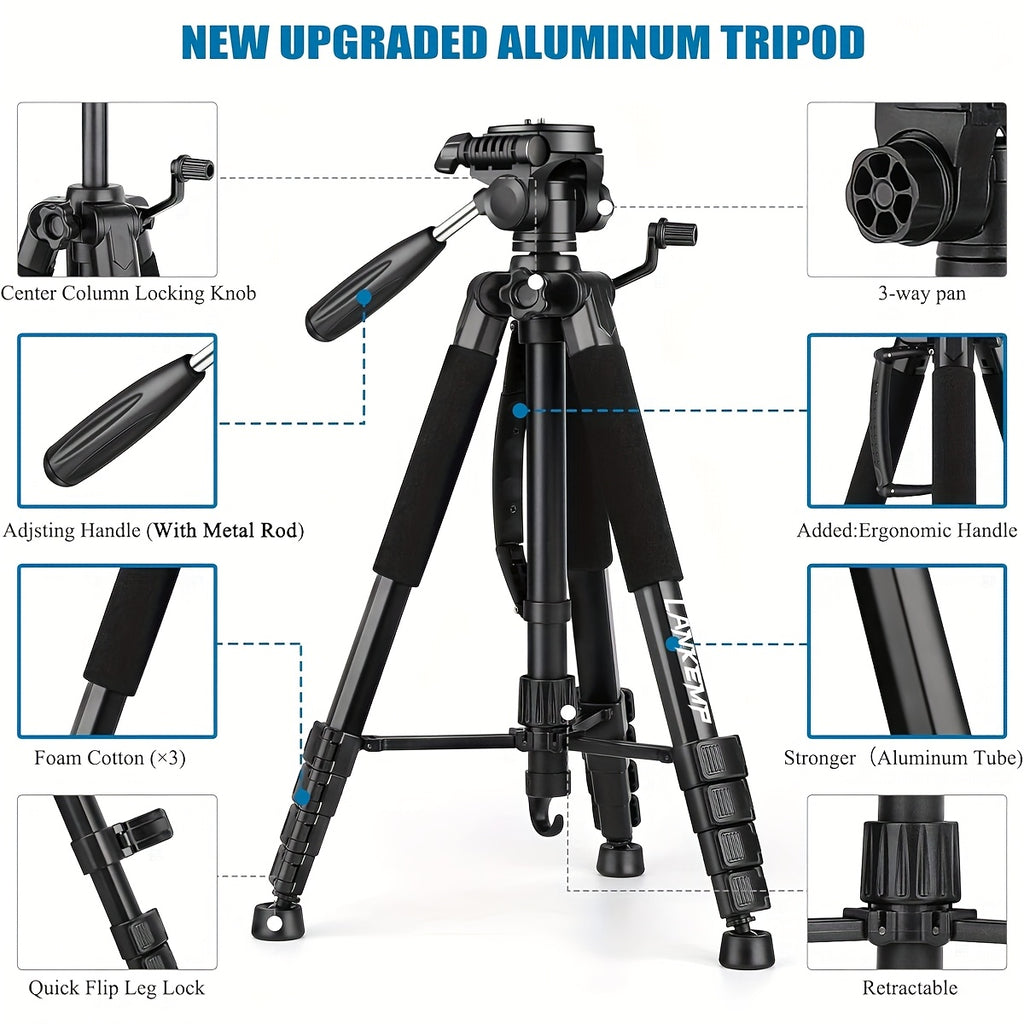 [LANKEMP Heavy-duty Tripod] LANKEMP 74-inch Heavy-duty Aluminum Tripod with Dual Quick Release Plate, Phone Clip, Carrying Bag for DSLR Cameras, Cell Phones, Projectors, Scopes, Webcams