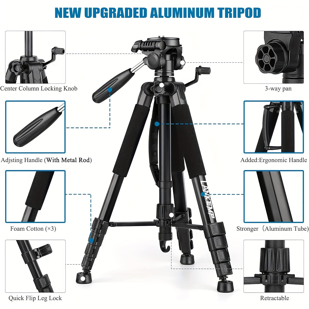 [LANKEMP Heavy-duty Tripod] LANKEMP 74-inch Heavy-duty Aluminum Tripod with Dual Quick Release Plate, Phone Clip, Carrying Bag for DSLR Cameras, Cell Phones, Projectors, Scopes, Webcams