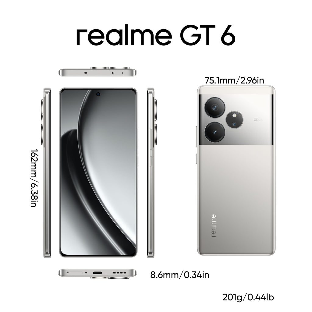 Realme GT 6 Unlocked Cellphone 16GB+512GB Global Version, 5G LTE, Andriod 14 Smartphone, Snapdragon 8s Gen 3 Processor Mobile Phone, 5500mAh Battery 1.5K Resolution Celulares With Latest AI Features, Fluid Silver