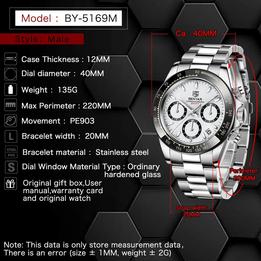 Relojes Hombre 2024 BENYAR New  Watches Men Luxury Brand Chronograph Male Sport Watches Waterproof Stainless Steel Quartz  Watch