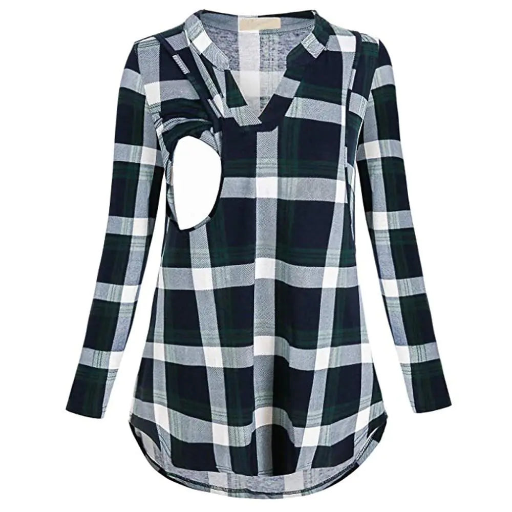 Women’s Plaid Print V-Neck Long Sleeve Nursing Top