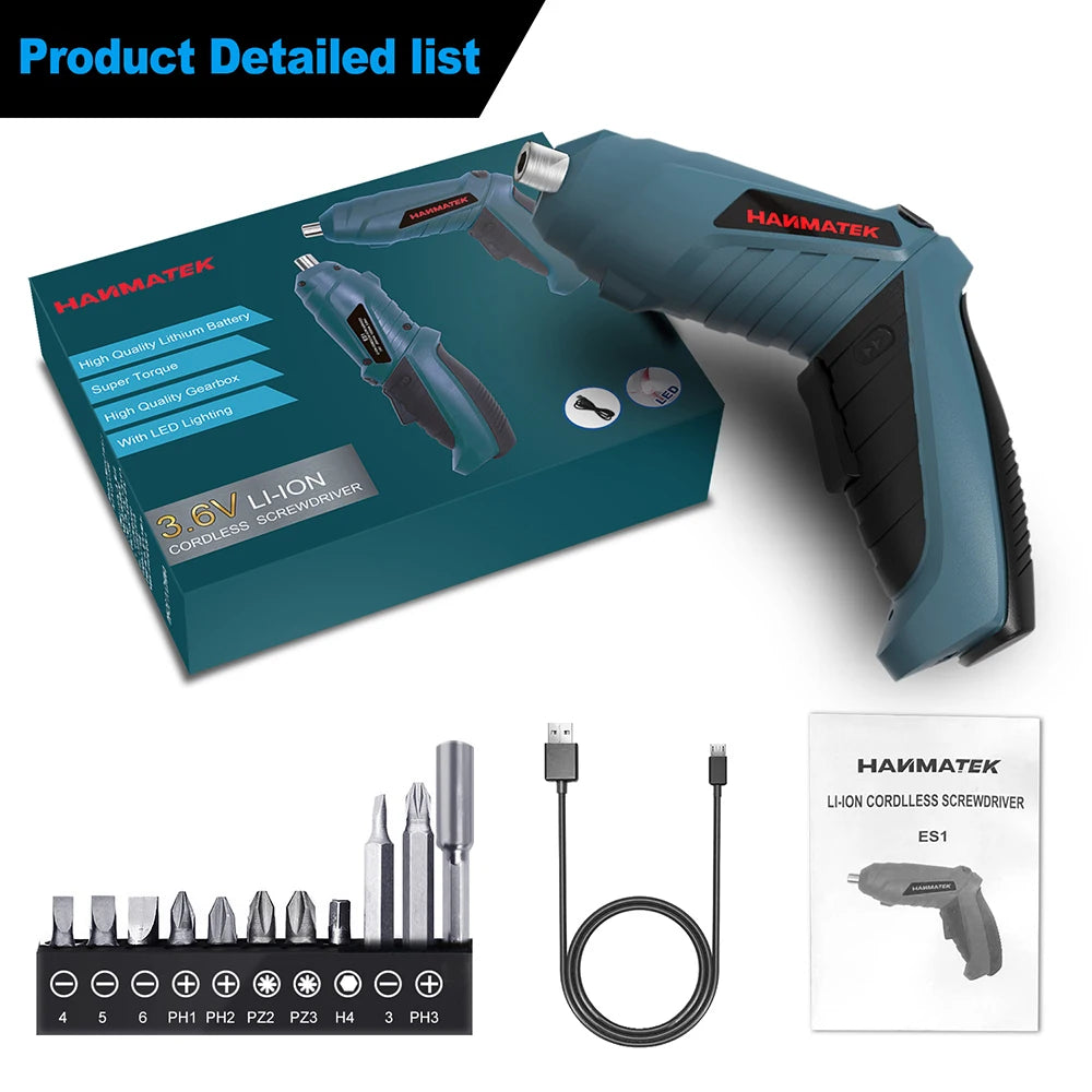 Hanmatek Rechargeable Electric Screwdriver Set | Mini Cordless Drill Kit with LED Lighting