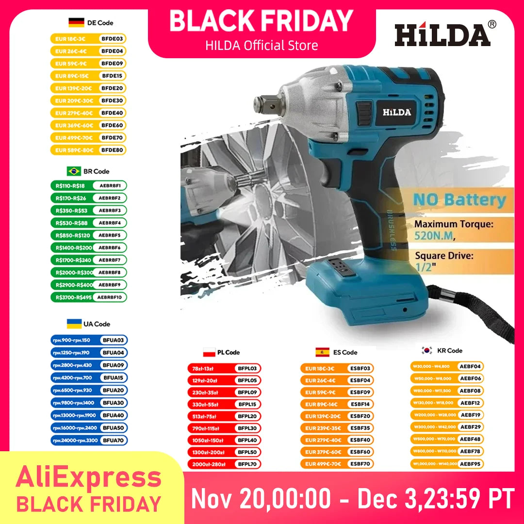 HILDA 18V Brushless/Brushed Electric Impact Wrench | Rechargeable 1/2" Cordless Socket Wrench for Makita Battery