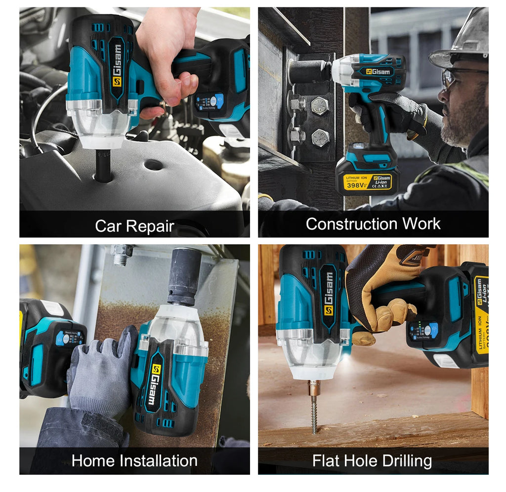 Gisam Brushless Power Tools Set | Electric Impact Wrench, Drill, Angle Grinder & Hammer | For Makita 18V Battery