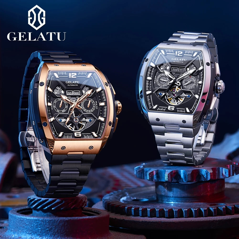 Reloj Hombre Watches Mens GELATU Top Brand Luxury Rose Black Skeleton Tourbillon Automatic Mechanical Watch for Men Waterproof. mayor confort y todo lo que necesitas en un reloj para tu dia