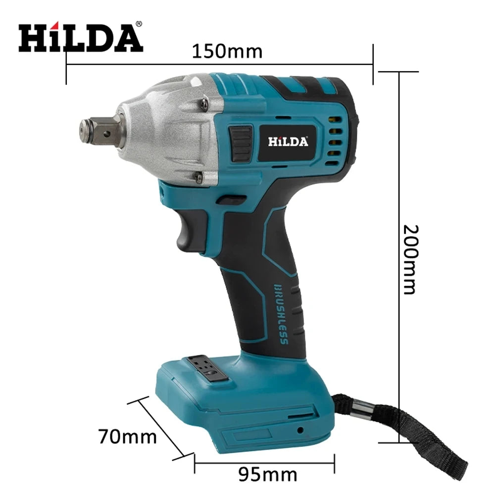HILDA 18V Brushless/Brushed Electric Impact Wrench | Rechargeable 1/2" Cordless Socket Wrench for Makita Battery