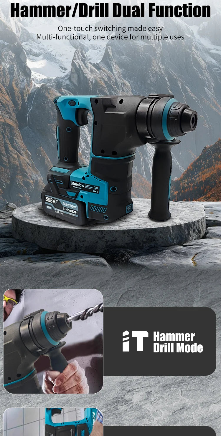Brushless Cordless Electric Hammer Drill | 18V Lithium Battery Power Tool Compatible with Makita Battery