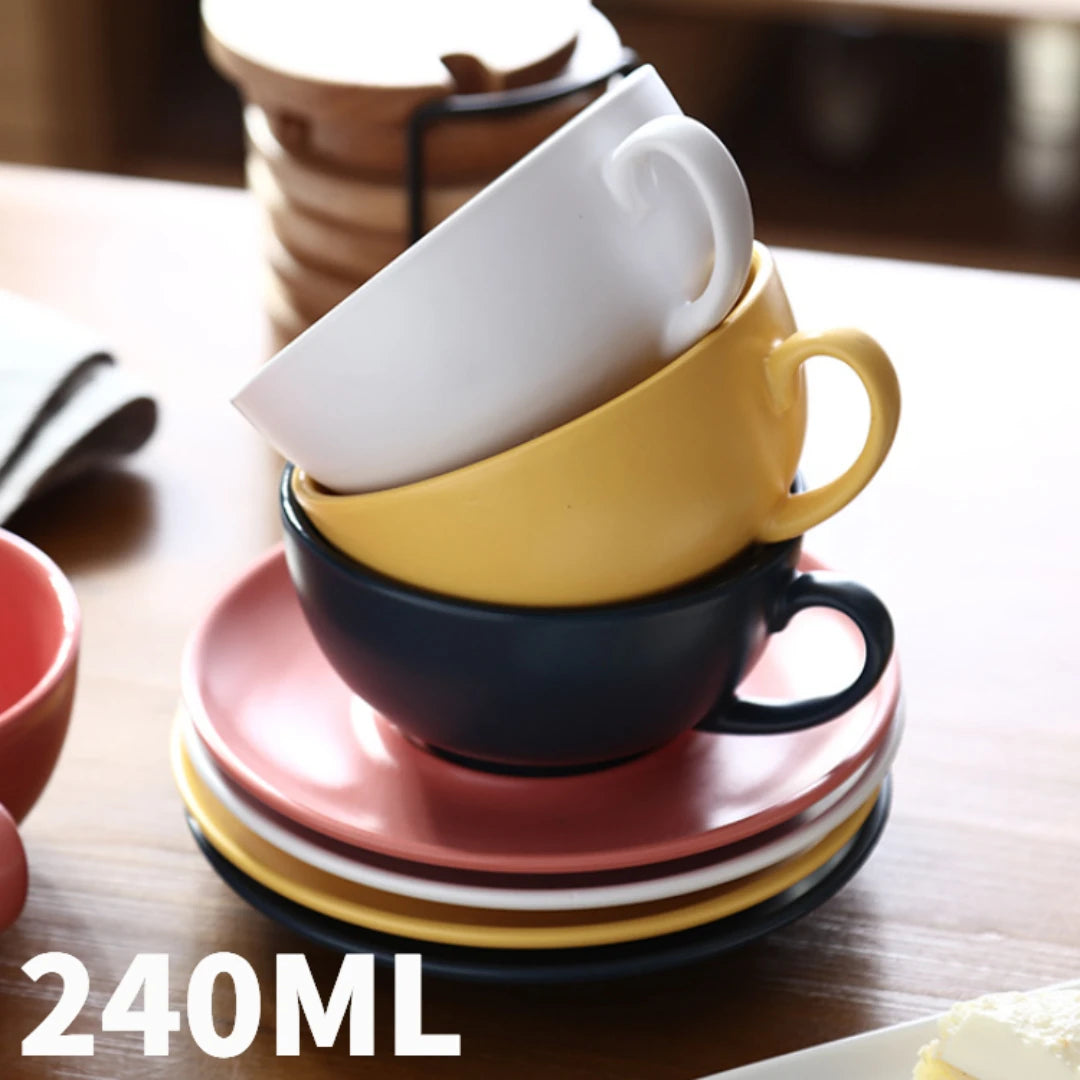 240ML Cappuccino Cups with Saucers,Double Ceramic Mug Espresso Tea Cup Set Cold/Hot Assorted Colors Drinking Utensils for Cafe
