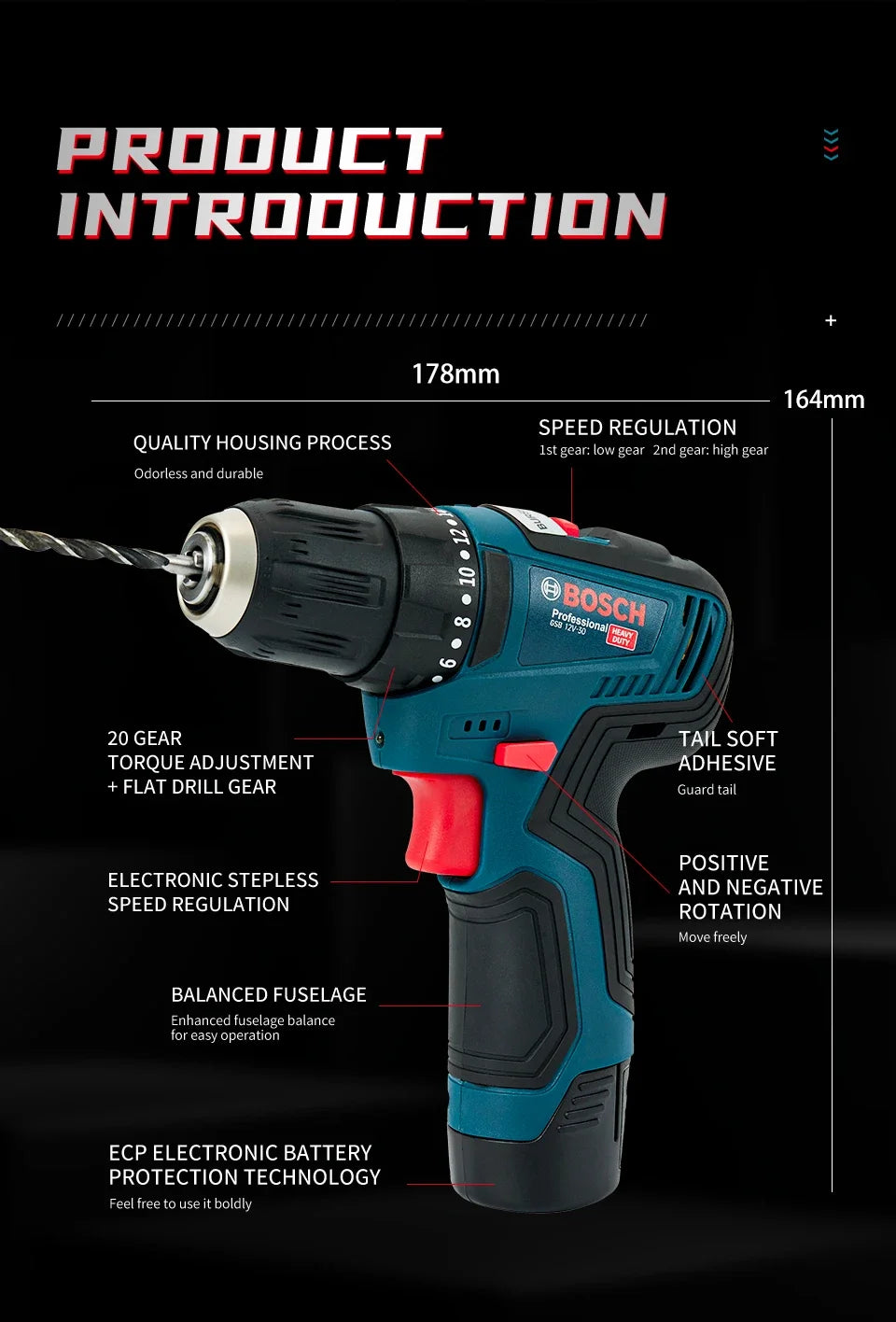Bosch GSB 12V-30 Electric Drill | Professional Heavy Duty Cordless Driver | Multifunctional Household Screwdriver