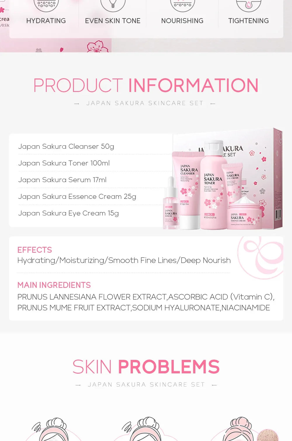 LAIKOU Sakura Skin Care 5-Piece Gift Set | Moisturizing & Fine Line Reduction | Korean Skincare