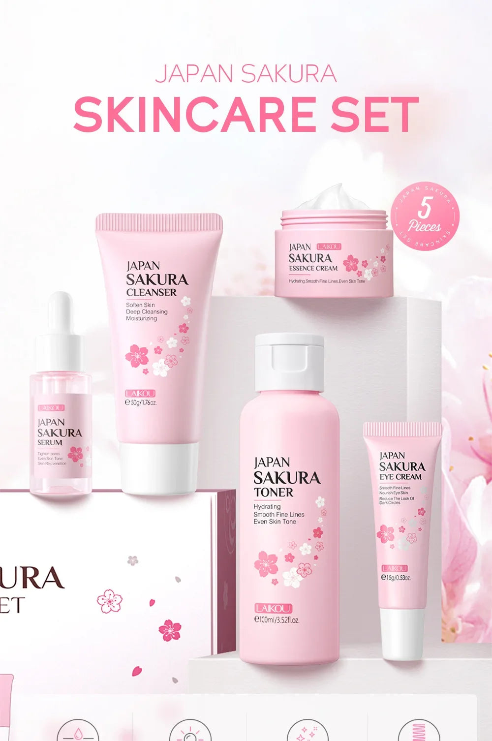 LAIKOU Sakura Skin Care 5-Piece Gift Set | Moisturizing & Fine Line Reduction | Korean Skincare