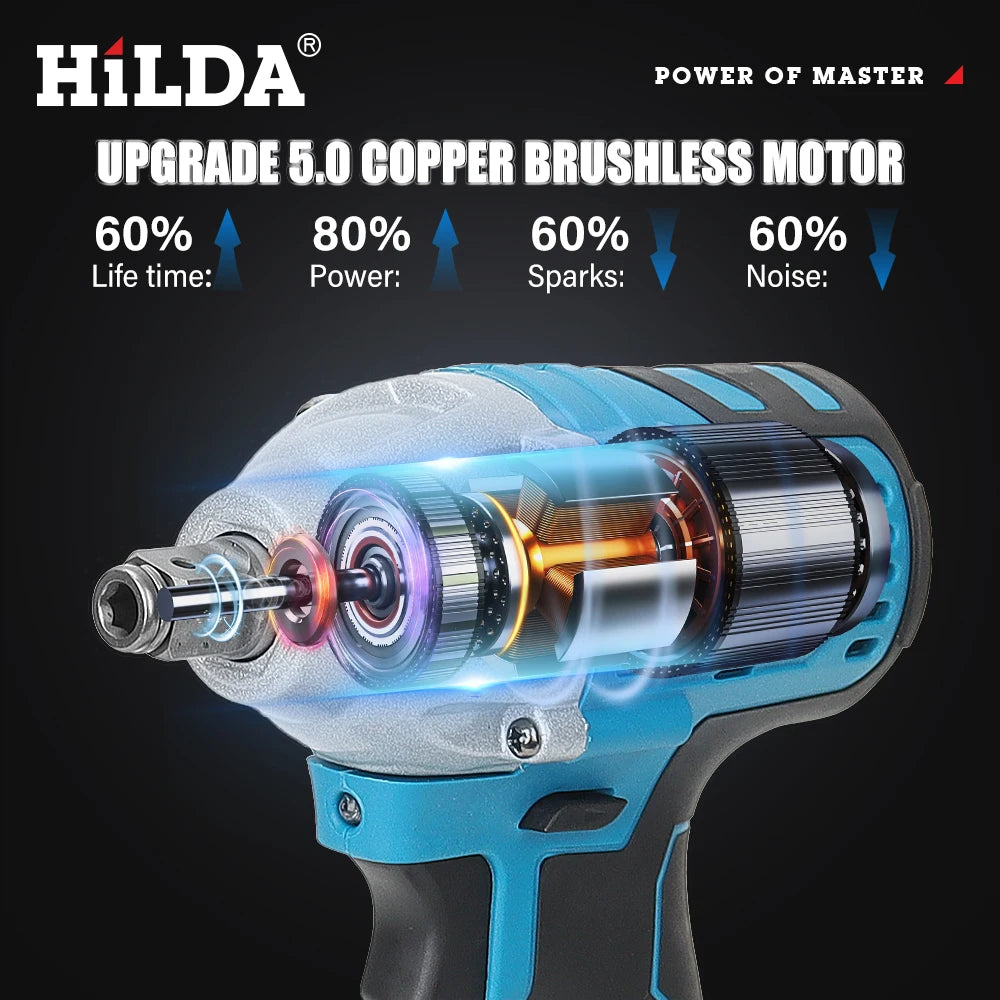 HILDA 18V Brushless/Brushed Electric Impact Wrench | Rechargeable 1/2" Cordless Socket Wrench for Makita Battery