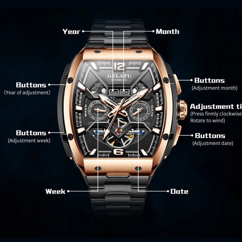 Reloj Hombre Watches Mens GELATU Top Brand Luxury Rose Black Skeleton Tourbillon Automatic Mechanical Watch for Men Waterproof. mayor confort y todo lo que necesitas en un reloj para tu dia