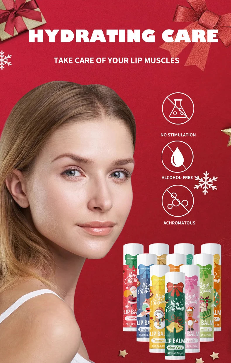 10PCS/Box Christmas Gift Lip Balm Set | Deeply Hydrating Lip Moisturizer | Lip Color Brightening Gift for Women