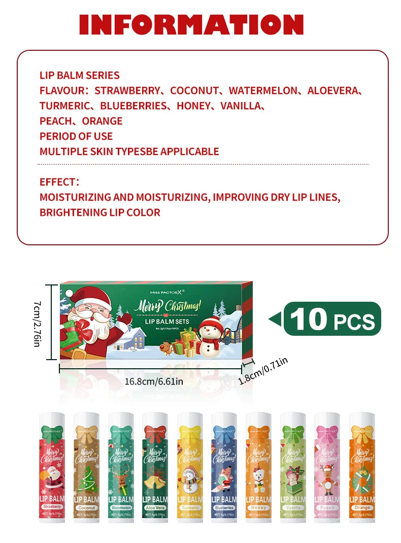 10PCS/Box Christmas Gift Lip Balm Set | Deeply Hydrating Lip Moisturizer | Lip Color Brightening Gift for Women