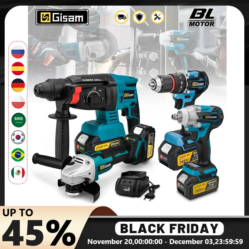 Gisam Brushless Power Tools Set | Electric Impact Wrench, Drill, Angle Grinder & Hammer | For Makita 18V Battery