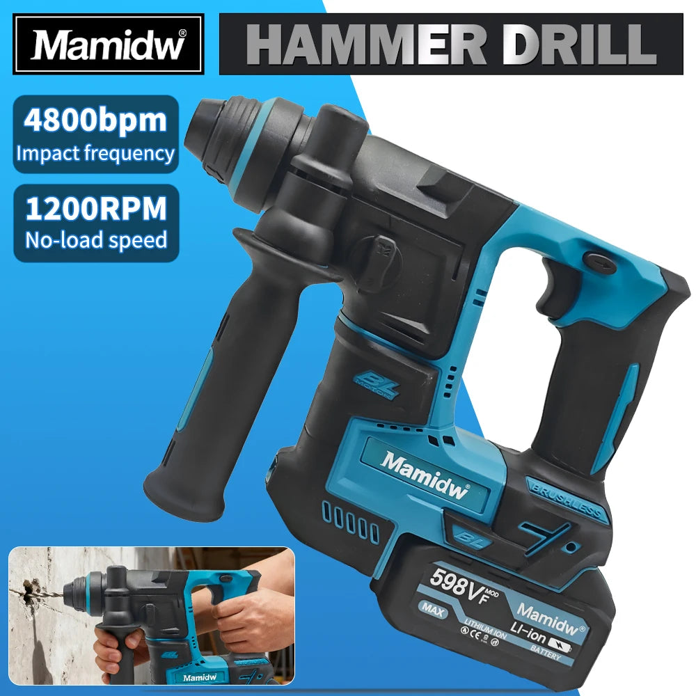 Brushless Cordless Electric Hammer Drill | 18V Lithium Battery Power Tool Compatible with Makita Battery