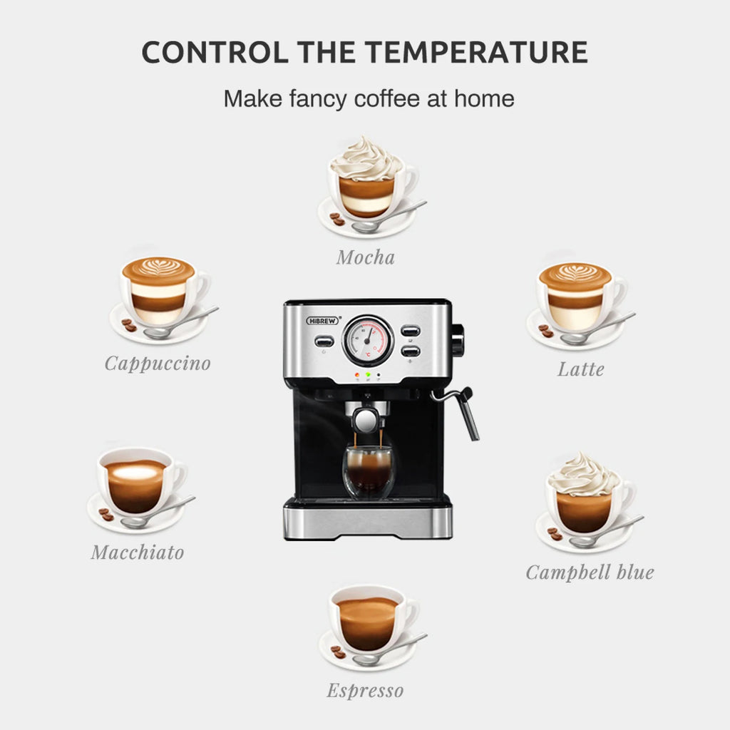 HiBREW Coffee Machine Cafetera 20 Bar Espresso Inox Semi Automatic Expresso Cappuccino Hot Water Steam Temperature Display H5