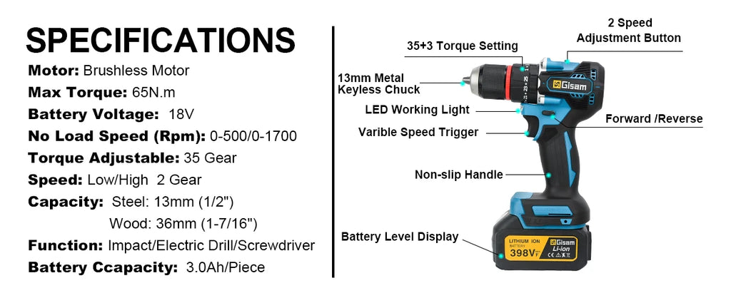 Gisam Brushless Power Tools Set | Electric Impact Wrench, Drill, Angle Grinder & Hammer | For Makita 18V Battery