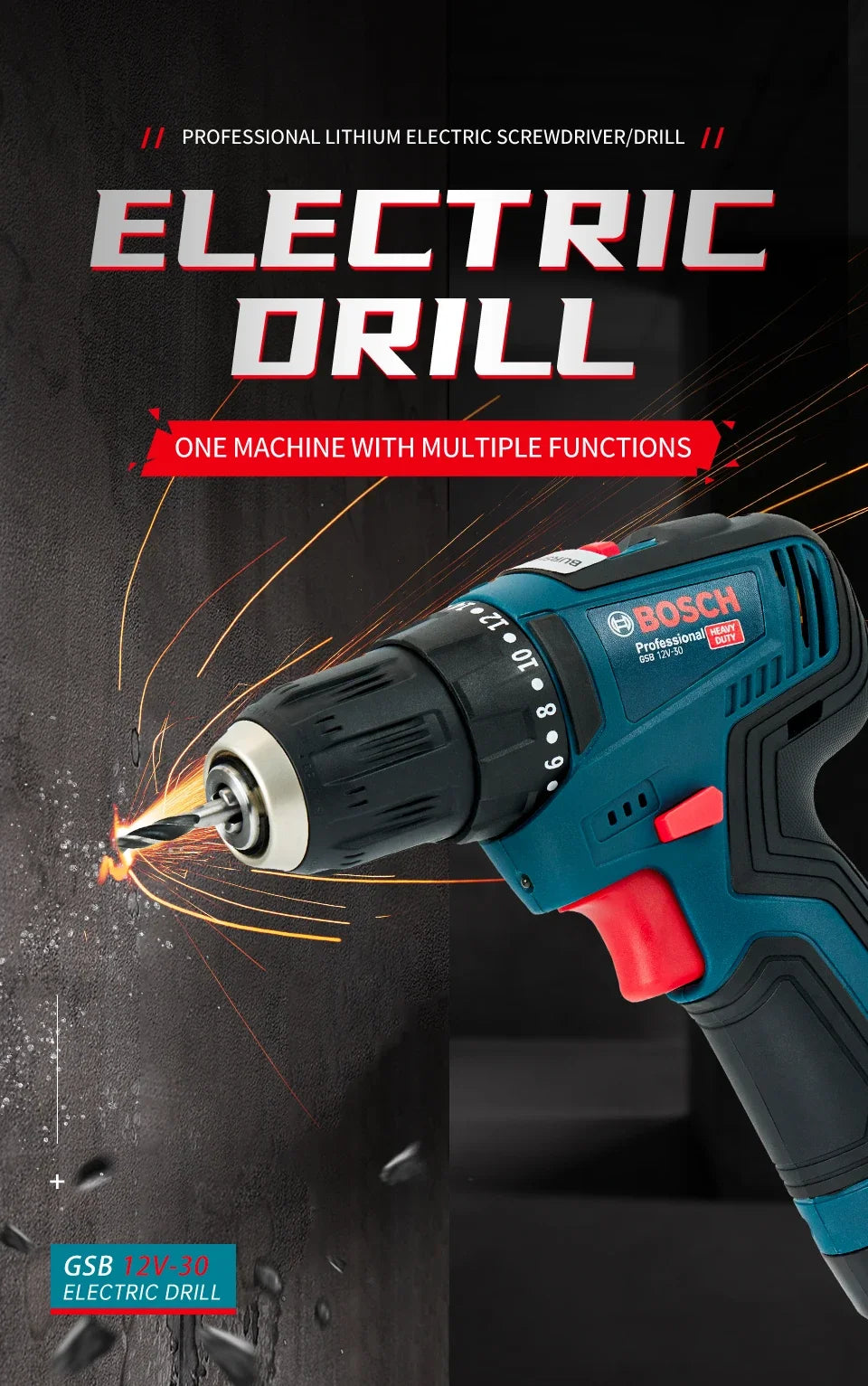 Bosch GSB 12V-30 Electric Drill | Professional Heavy Duty Cordless Driver | Multifunctional Household Screwdriver