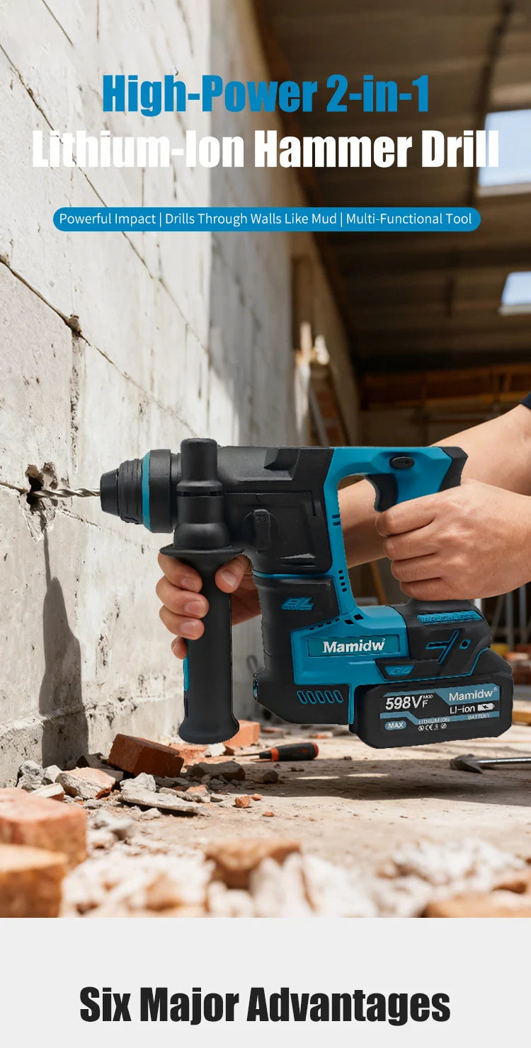 Brushless Cordless Electric Hammer Drill | 18V Lithium Battery Power Tool Compatible with Makita Battery