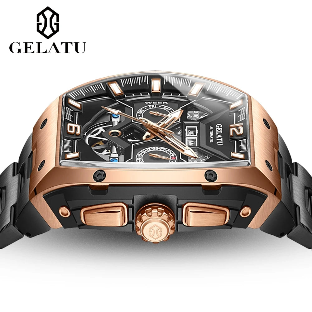 Reloj Hombre Watches Mens GELATU Top Brand Luxury Rose Black Skeleton Tourbillon Automatic Mechanical Watch for Men Waterproof. mayor confort y todo lo que necesitas en un reloj para tu dia