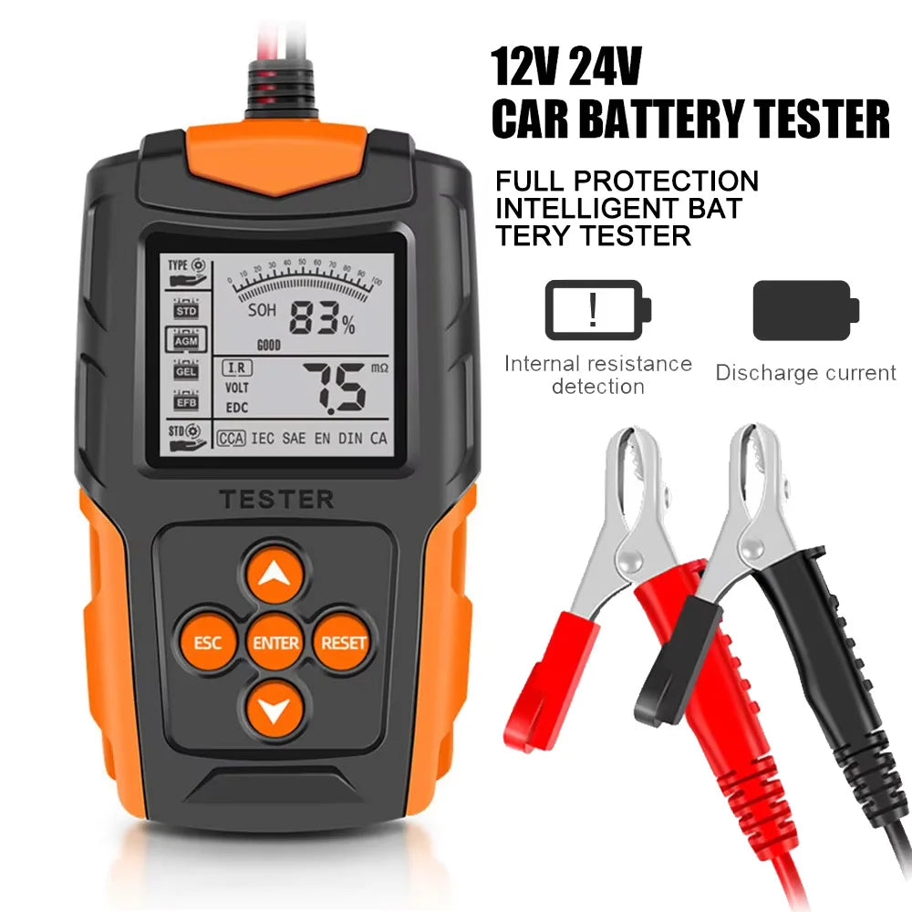 12V 24V Car Battery Tester | Digital Auto Diagnostic Tool for Cranking & Charging | Wet/GEL/Lead-acid Compatible