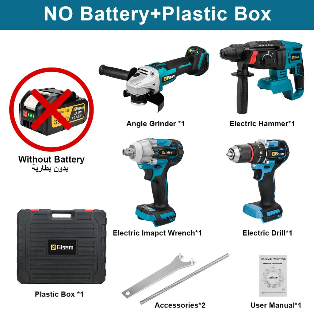 Gisam Brushless Power Tools Set | Electric Impact Wrench, Drill, Angle Grinder & Hammer | For Makita 18V Battery