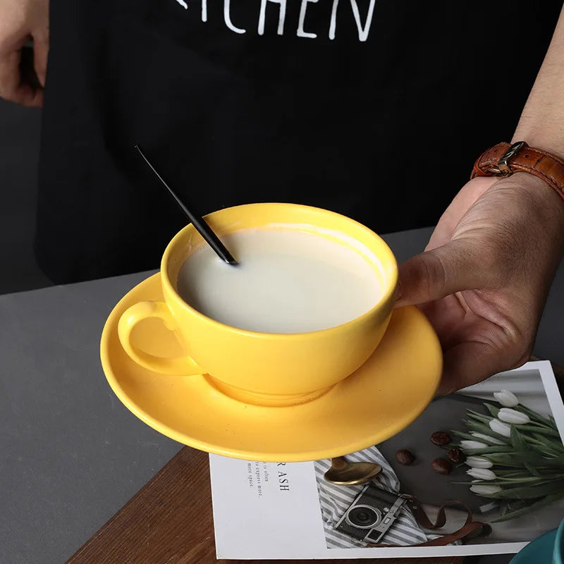 240ML Cappuccino Cups with Saucers,Double Ceramic Mug Espresso Tea Cup Set Cold/Hot Assorted Colors Drinking Utensils for Cafe