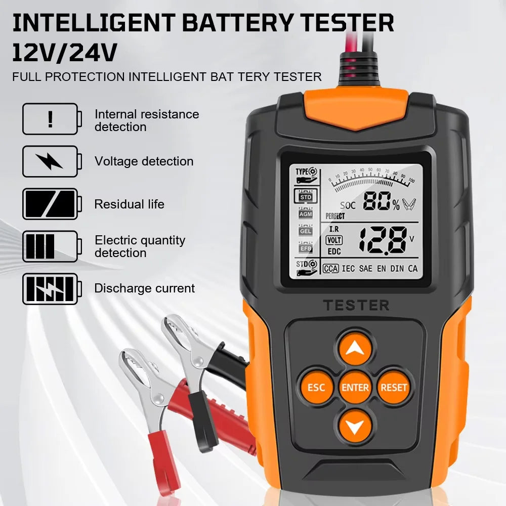 12V 24V Car Battery Tester | Digital Auto Diagnostic Tool for Cranking & Charging | Wet/GEL/Lead-acid Compatible