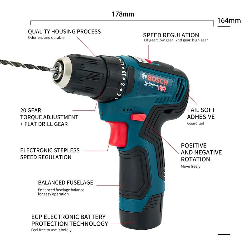 Bosch GSB 12V-30 Electric Drill | Professional Heavy Duty Cordless Driver | Multifunctional Household Screwdriver