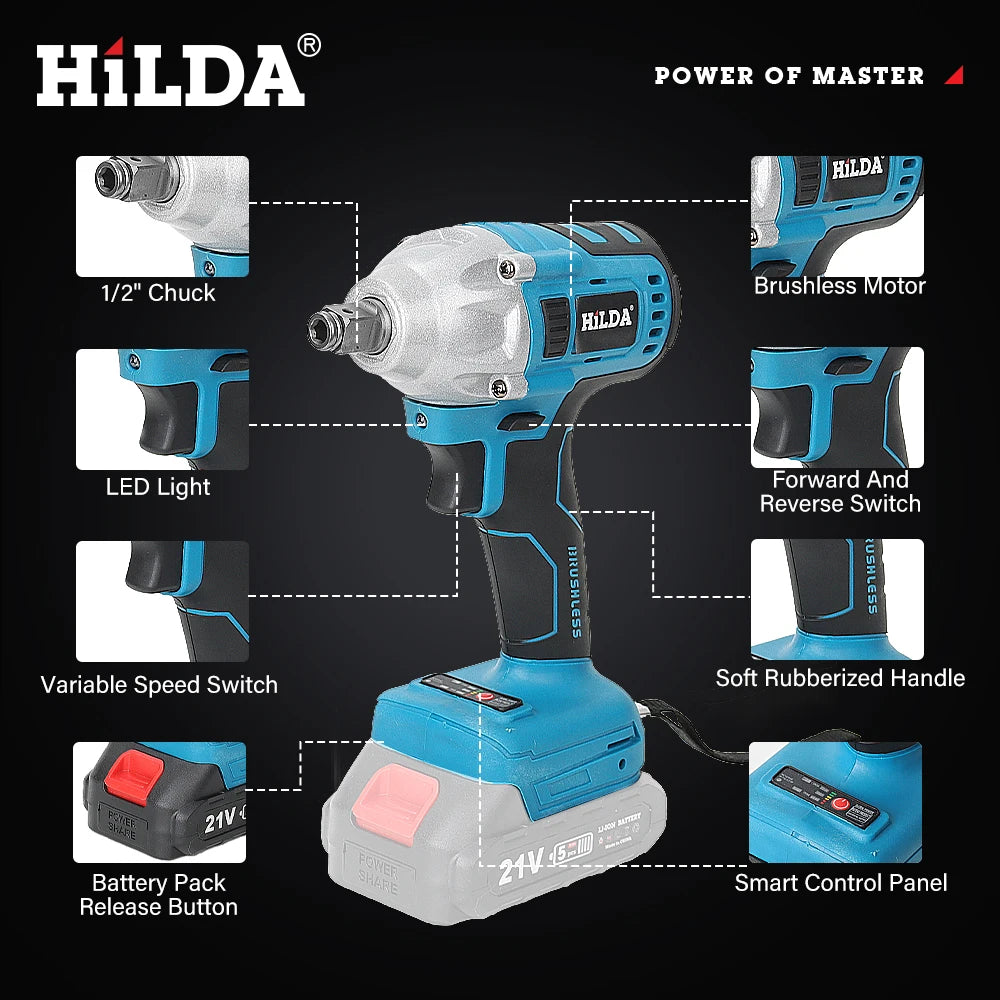 HILDA 18V Brushless/Brushed Electric Impact Wrench | Rechargeable 1/2" Cordless Socket Wrench for Makita Battery