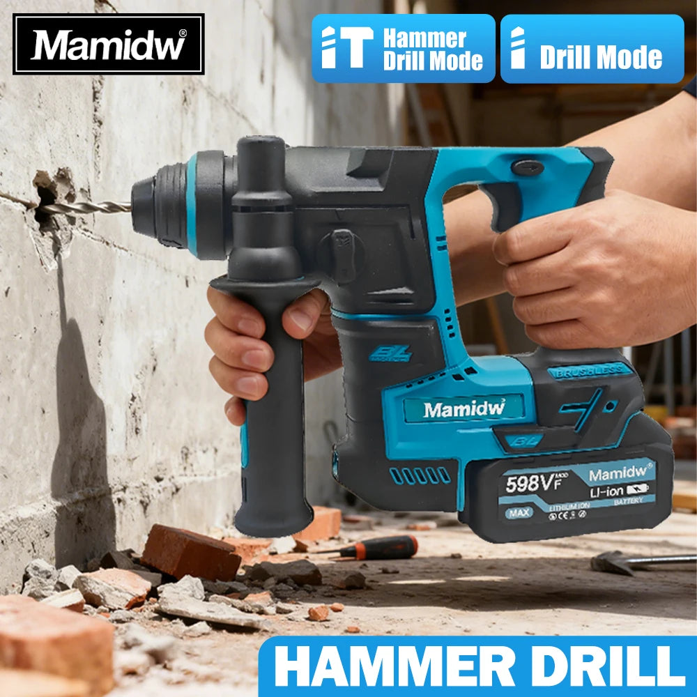 Brushless Cordless Electric Hammer Drill | 18V Lithium Battery Power Tool Compatible with Makita Battery