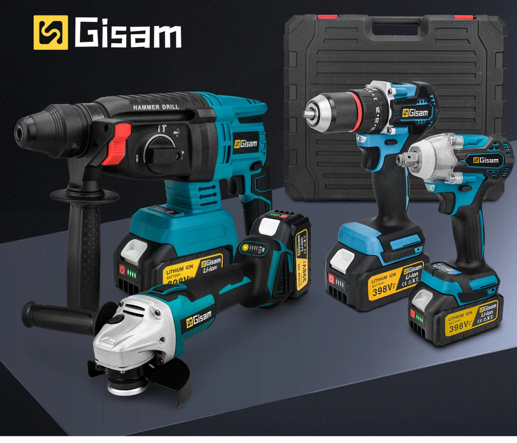 Gisam Brushless Power Tools Set | Electric Impact Wrench, Drill, Angle Grinder & Hammer | For Makita 18V Battery