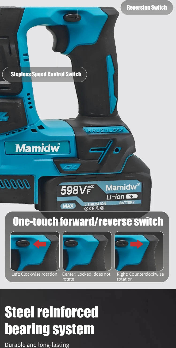 Brushless Cordless Electric Hammer Drill | 18V Lithium Battery Power Tool Compatible with Makita Battery