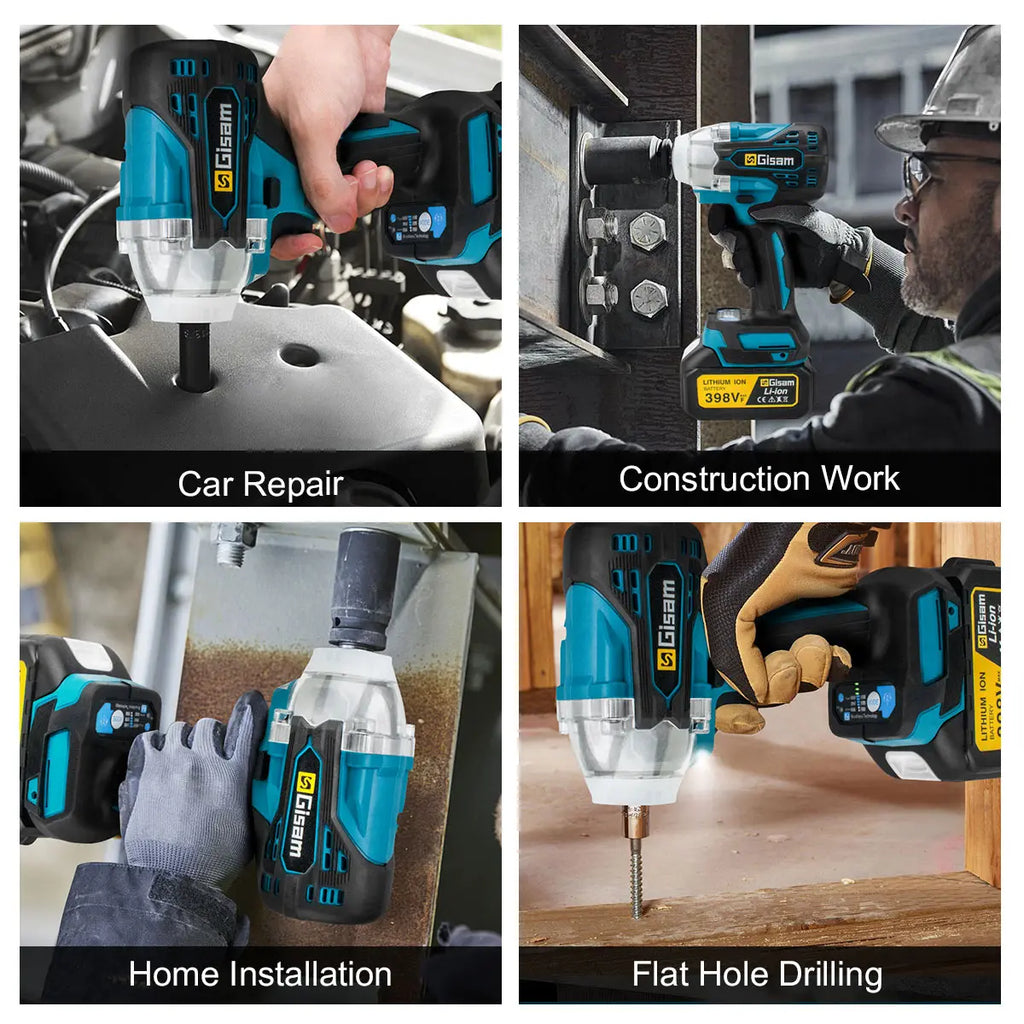 Gisam Brushless Power Tools Set | Electric Impact Wrench, Drill, Angle Grinder & Hammer | For Makita 18V Battery