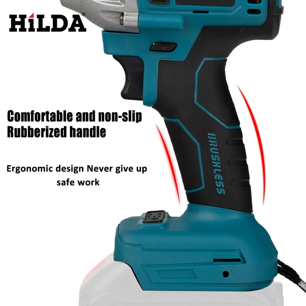 HILDA 18V Brushless/Brushed Electric Impact Wrench | Rechargeable 1/2" Cordless Socket Wrench for Makita Battery