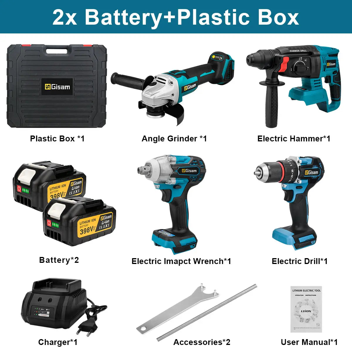 Gisam Brushless Power Tools Set | Electric Impact Wrench, Drill, Angle Grinder & Hammer | For Makita 18V Battery