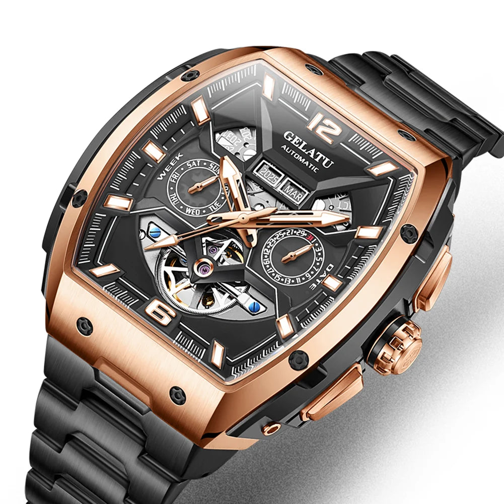 Reloj Hombre Watches Mens GELATU Top Brand Luxury Rose Black Skeleton Tourbillon Automatic Mechanical Watch for Men Waterproof. mayor confort y todo lo que necesitas en un reloj para tu dia