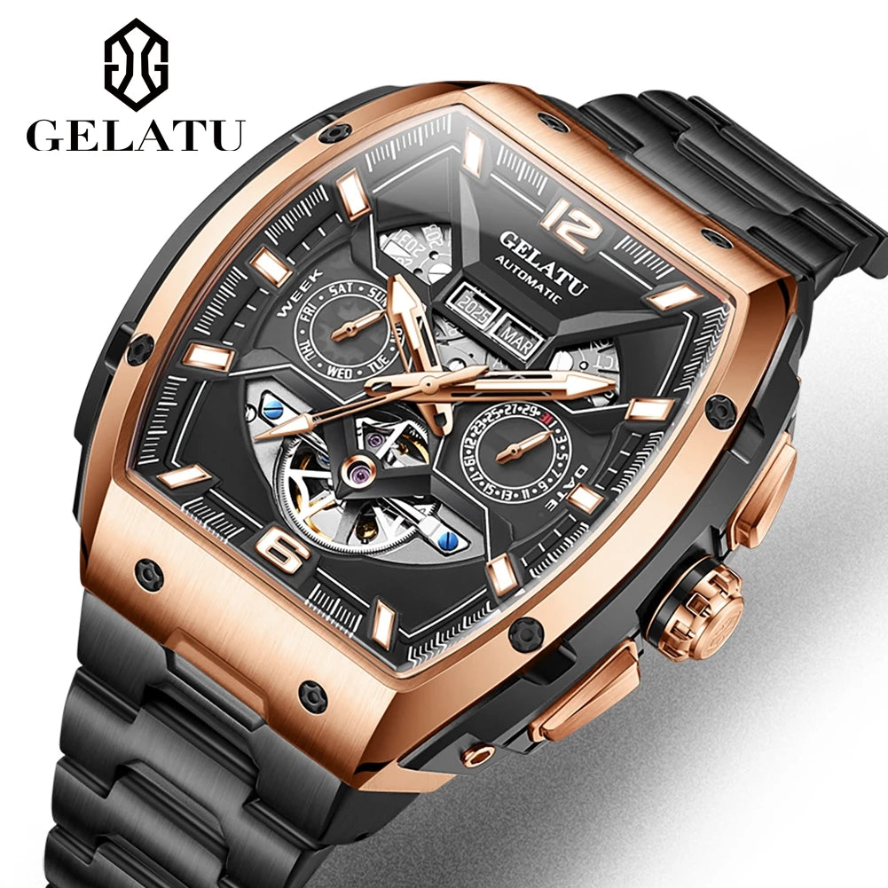 Reloj Hombre Watches Mens GELATU Top Brand Luxury Rose Black Skeleton Tourbillon Automatic Mechanical Watch for Men Waterproof. mayor confort y todo lo que necesitas en un reloj para tu dia