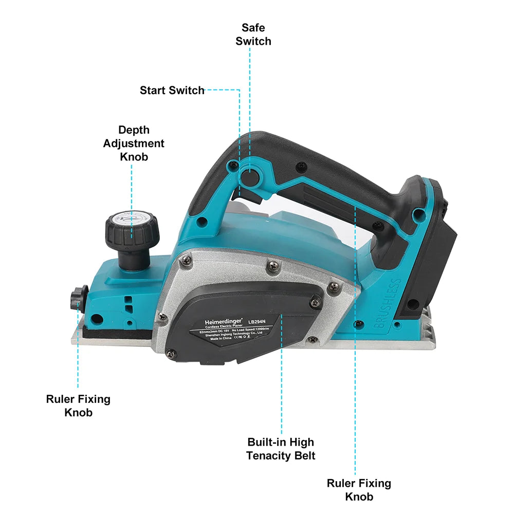 Heimerdinger 18V Brushless Cordless Electric Planer | Rechargeable Handheld Woodworking Tool | Battery Not Included