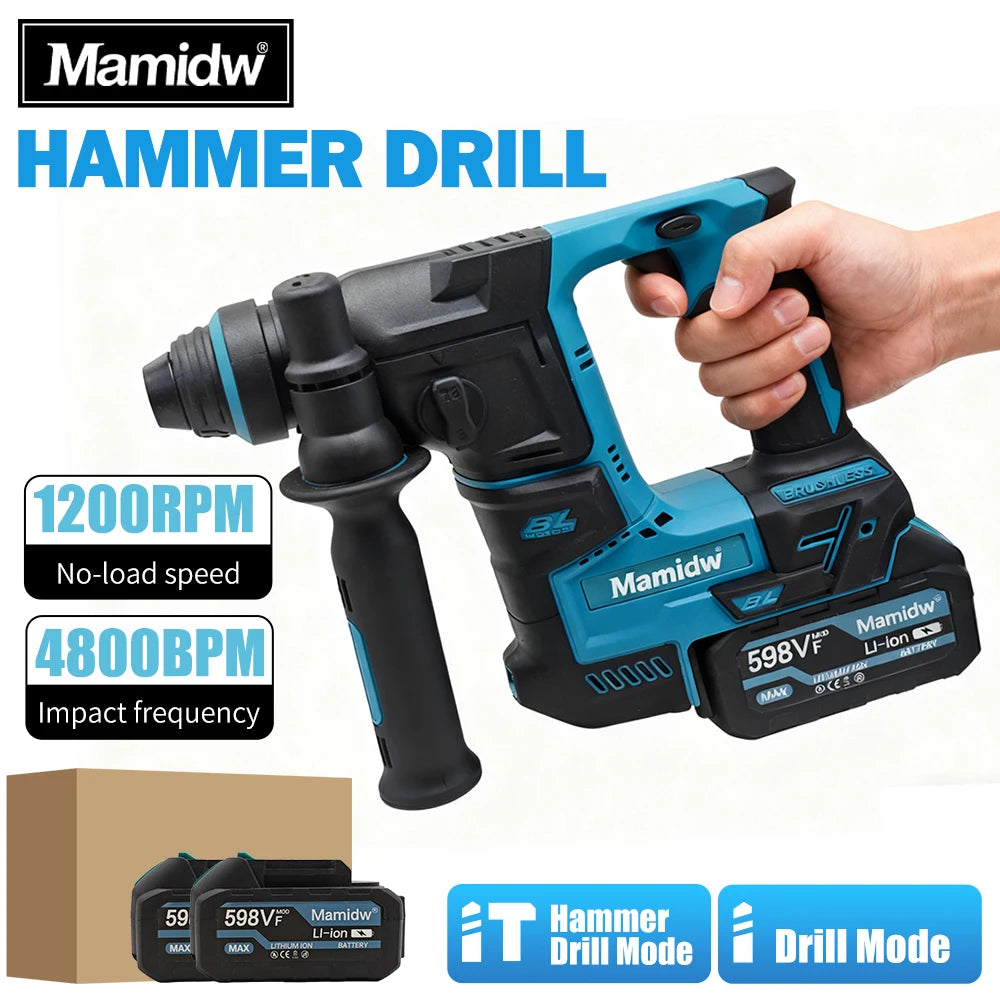 Brushless Cordless Electric Hammer Drill | 18V Lithium Battery Power Tool Compatible with Makita Battery
