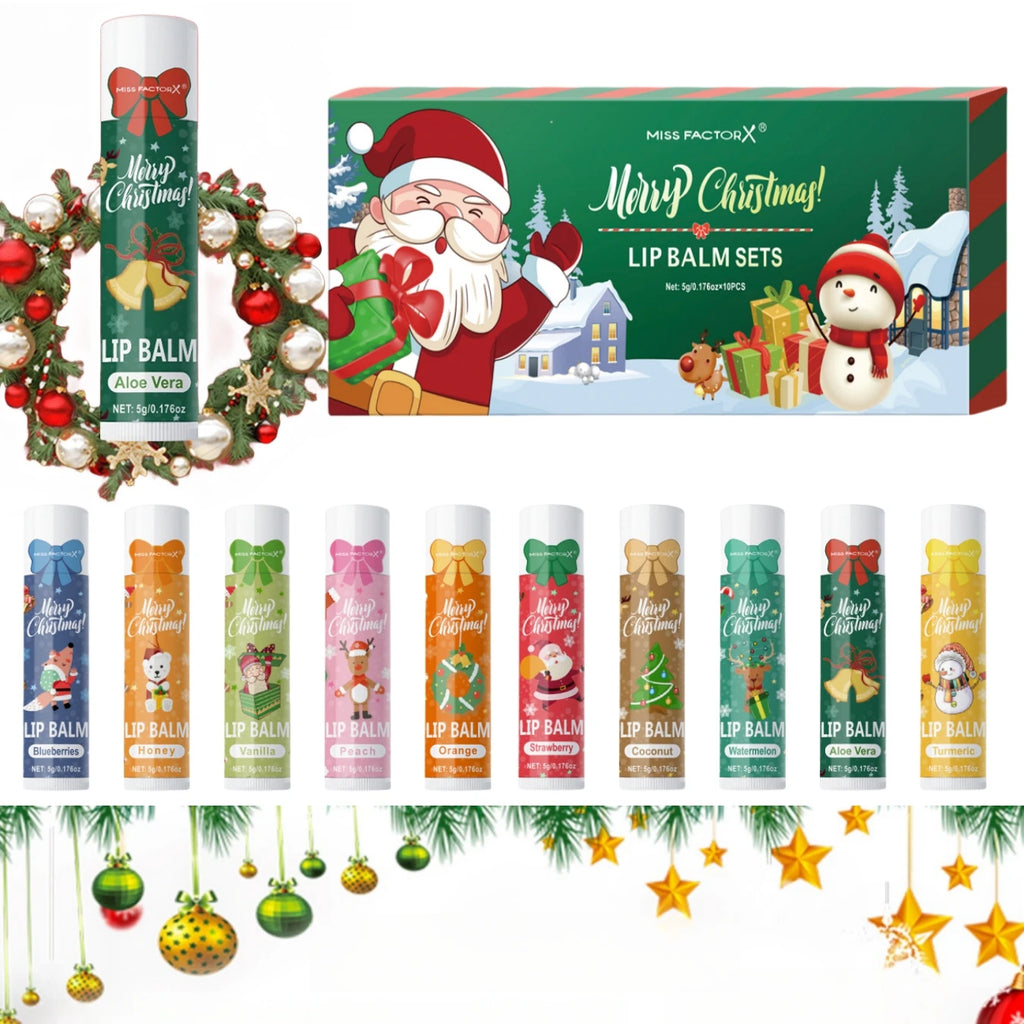 10PCS/Box Christmas Gift Lip Balm Set | Deeply Hydrating Lip Moisturizer | Lip Color Brightening Gift for Women