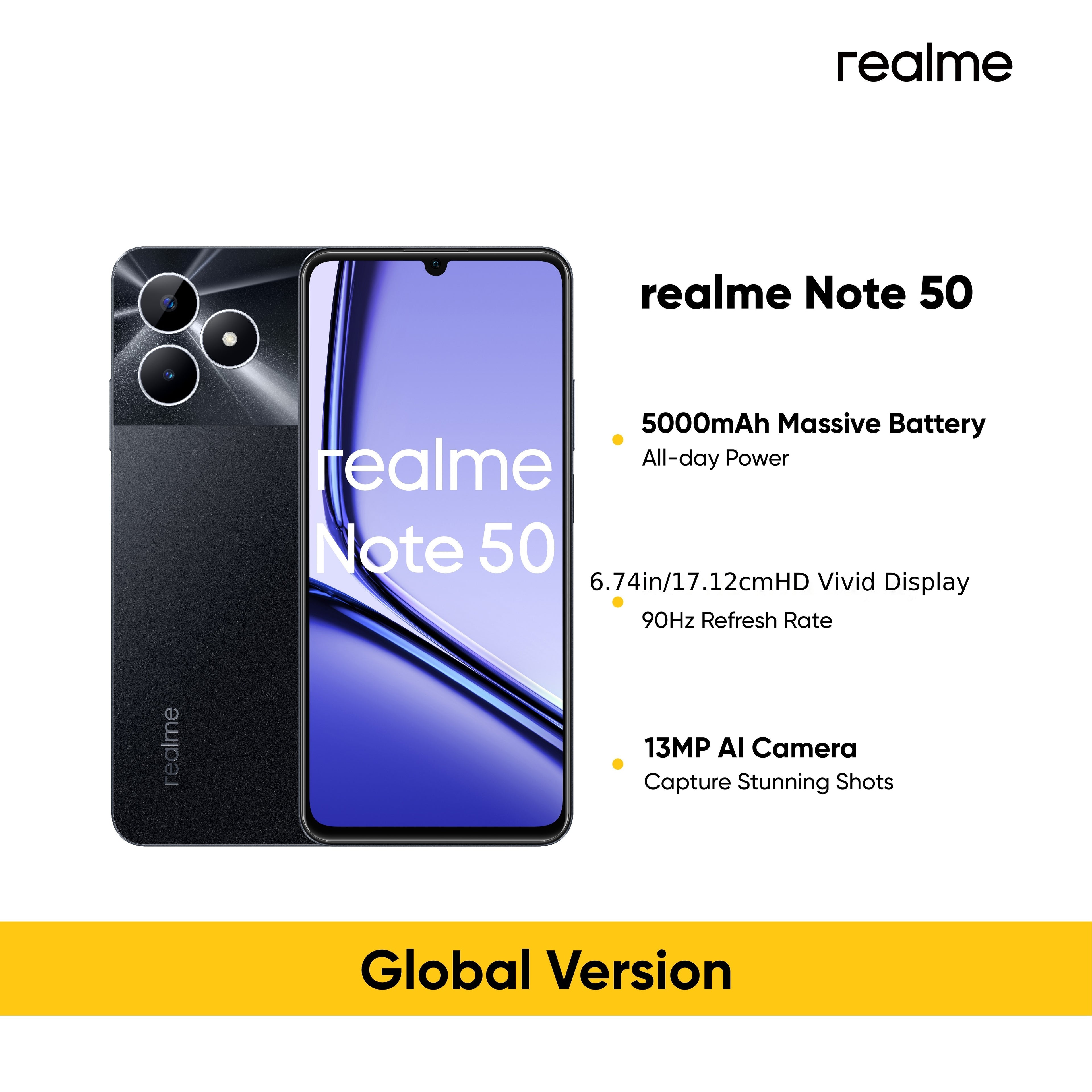 Realme Note 50 Unlocked Cellphone 4GB+128GB Global Version, 4G LTE, Andriod 13 Smartphone, 6.74''HD 90Hz Display, 5000mAh Battery Celulares, 13M Camera Mobile Phone, Black